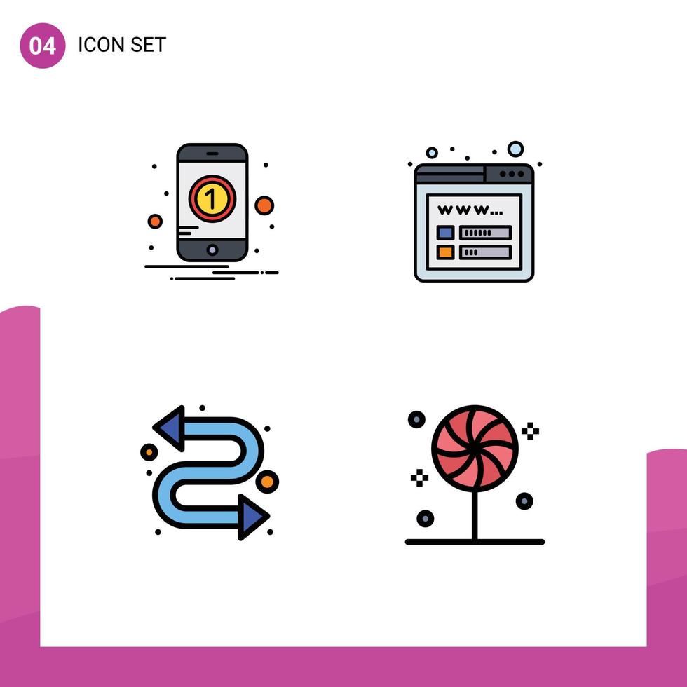 Modern Set of 4 Filledline Flat Colors Pictograph of notification watch kit mobile wireframe candy Editable Vector Design Elements