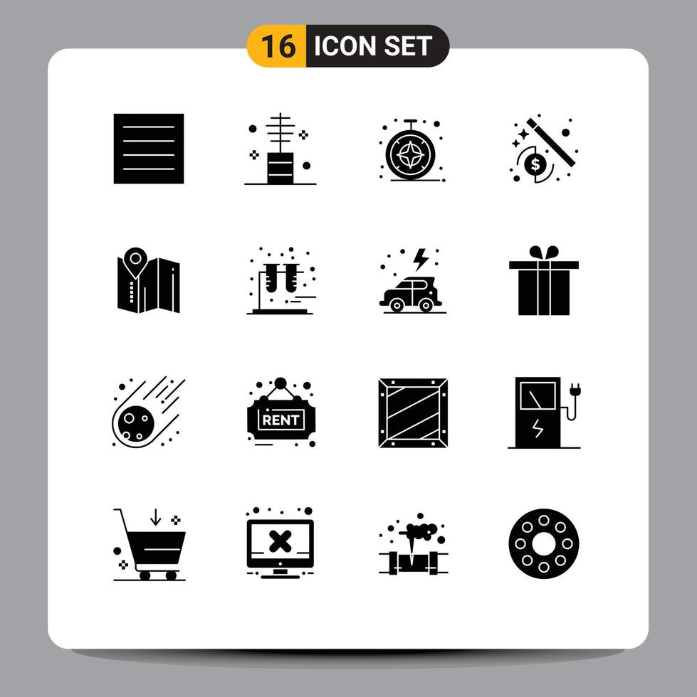 Universal Icon Symbols Group of 16 Modern Solid Glyphs of pin location salon wizard money Editable Vector Design Elements