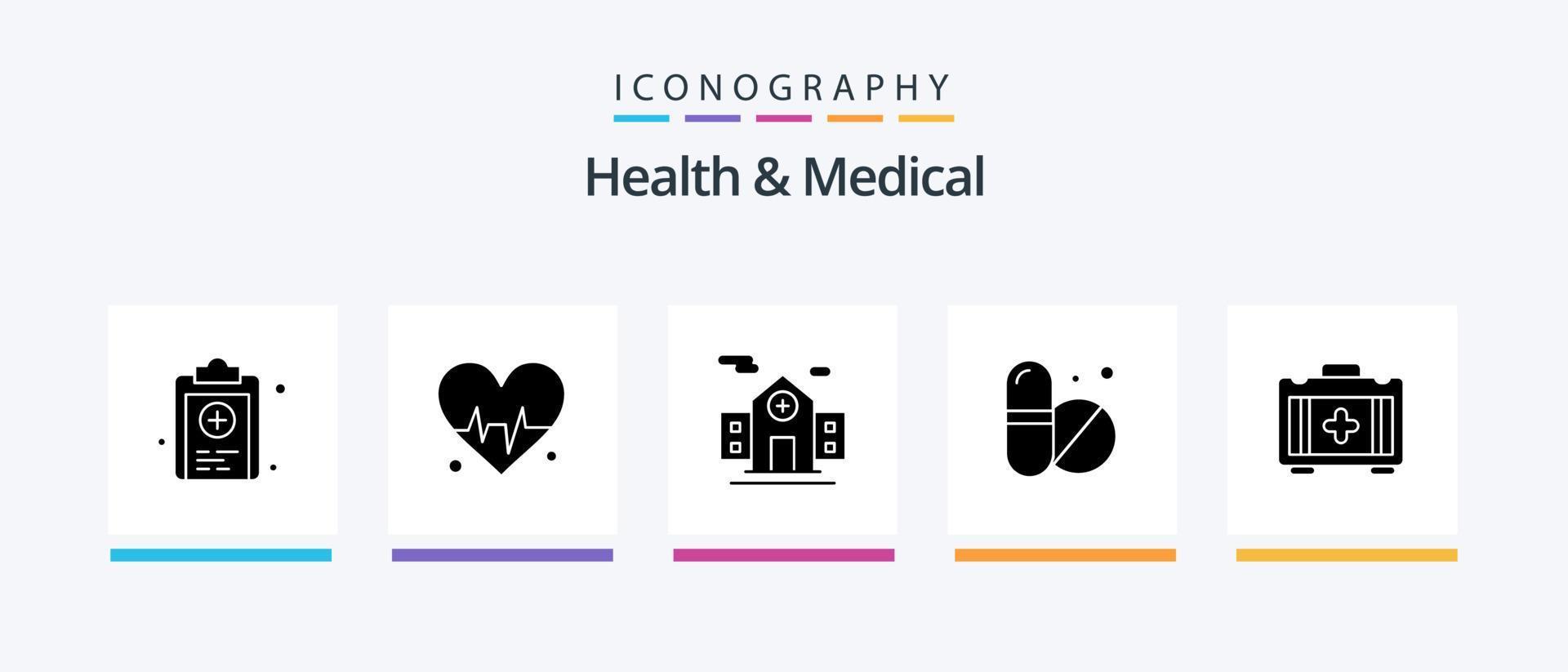 paquete de iconos de glifo 5 de salud y medicina que incluye . bolsa de salud edificio. bolso. tableta. diseño de iconos creativos vector