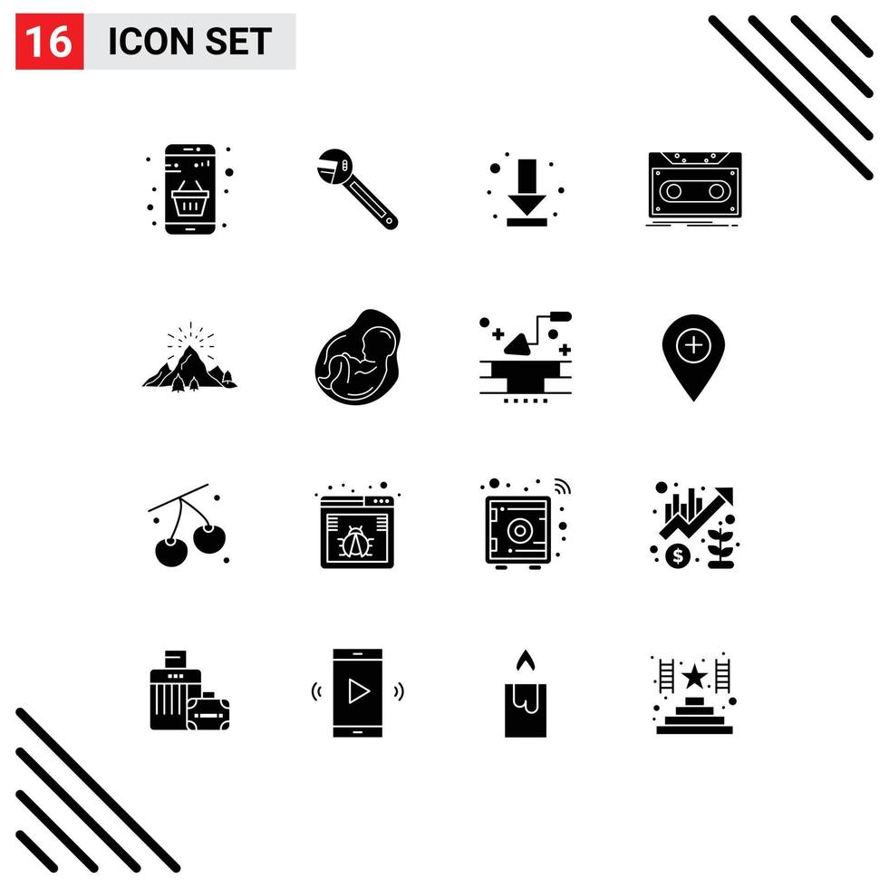 Pictogram Set of 16 Simple Solid Glyphs of tape demo spanner cassette down Editable Vector Design Elements
