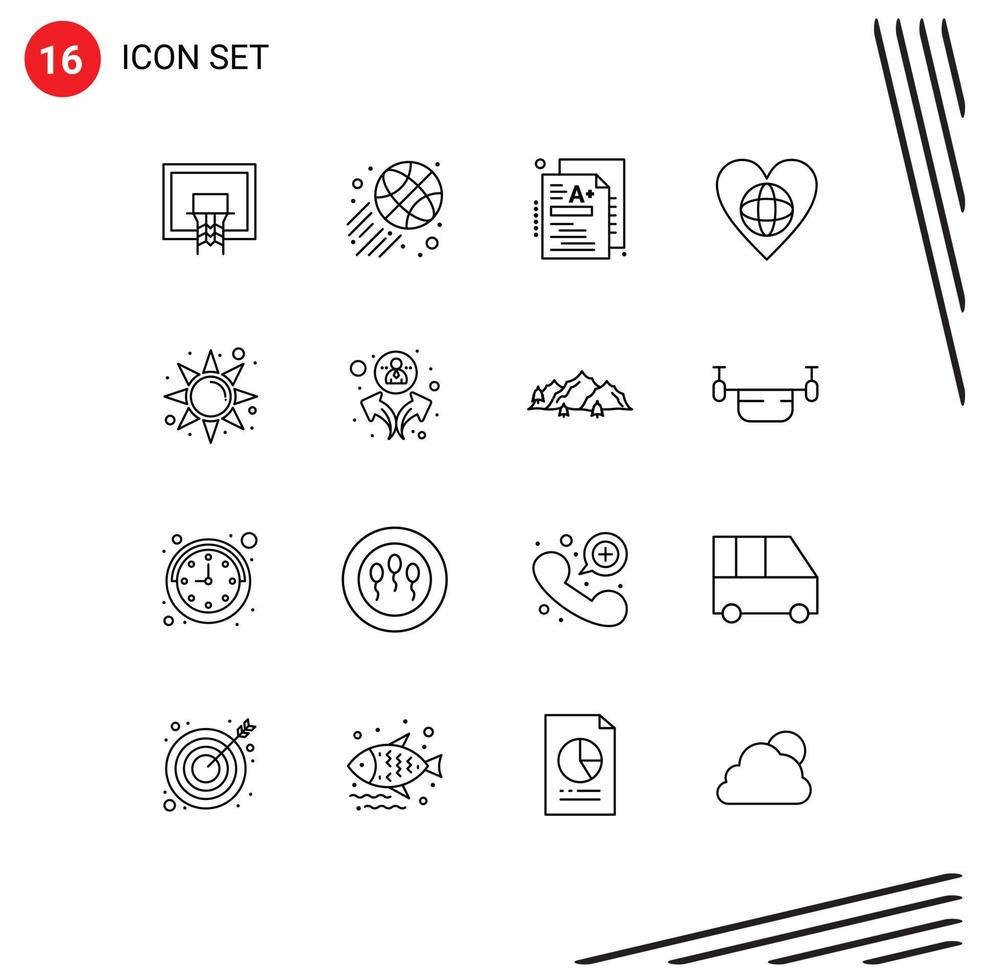 Outline Pack of 16 Universal Symbols of morning heart test world ecology Editable Vector Design Elements