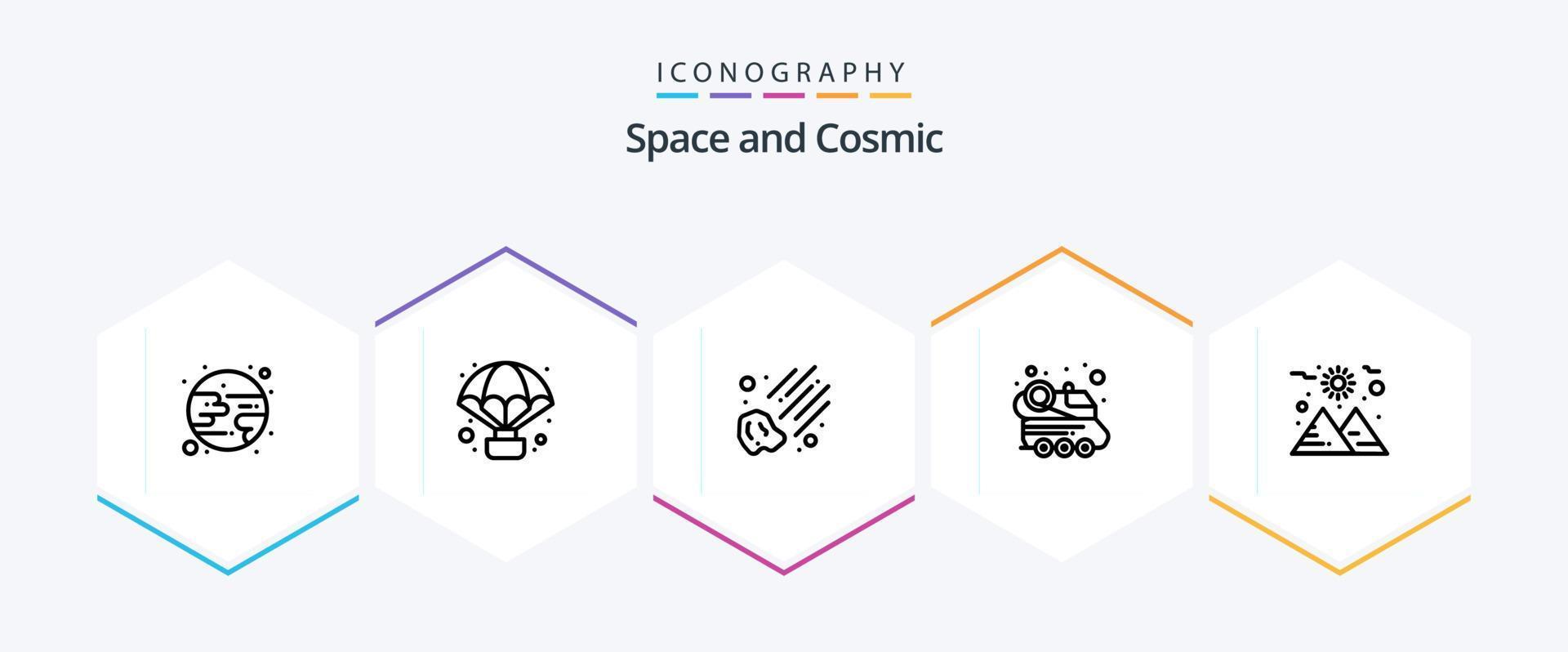 paquete de iconos de 25 líneas de espacio que incluye . espacio. meteorito. planeta. coche espacial vector