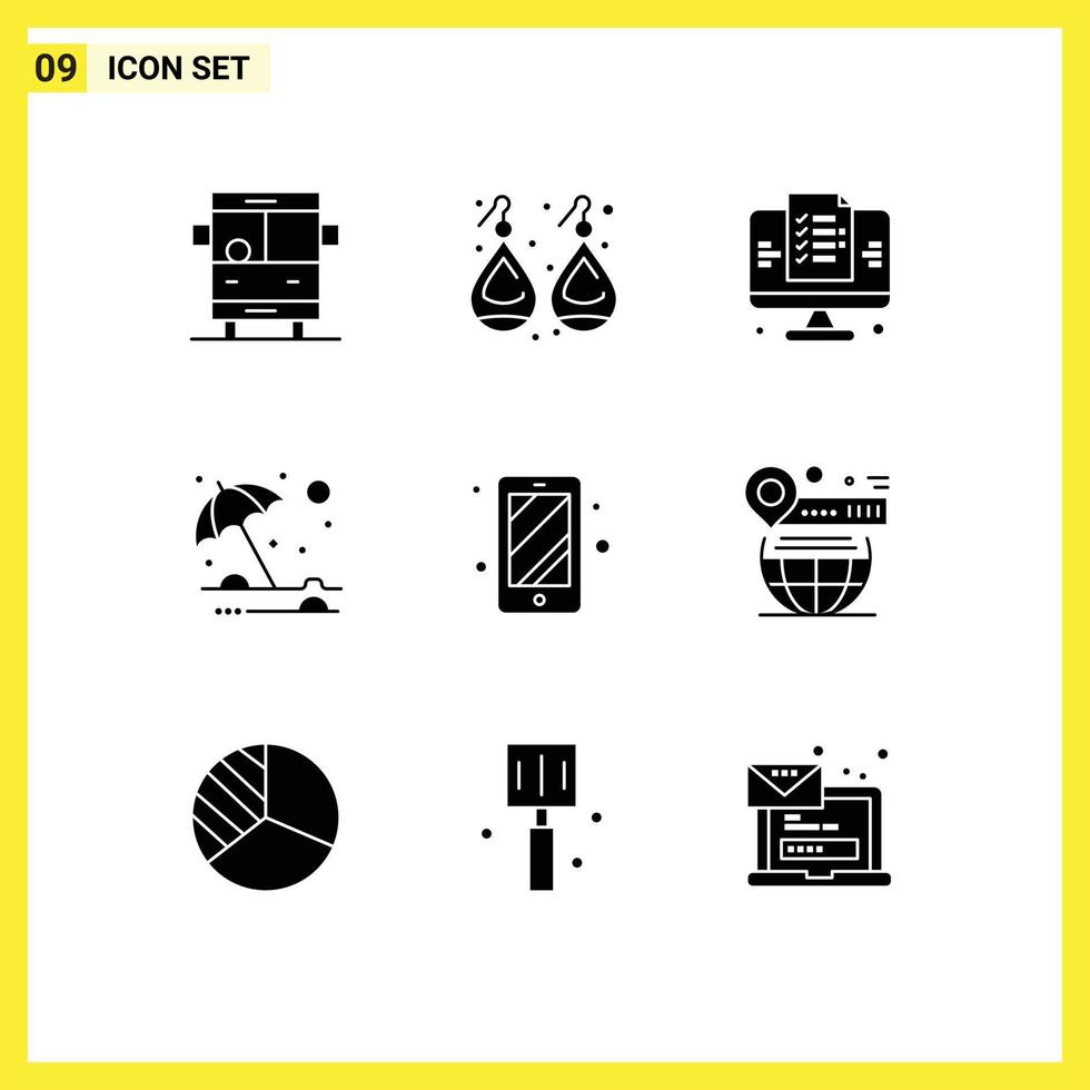 Pack of 9 Modern Solid Glyphs Signs and Symbols for Web Print Media such as smart phone umbrella development summer beach Editable Vector Design Elements