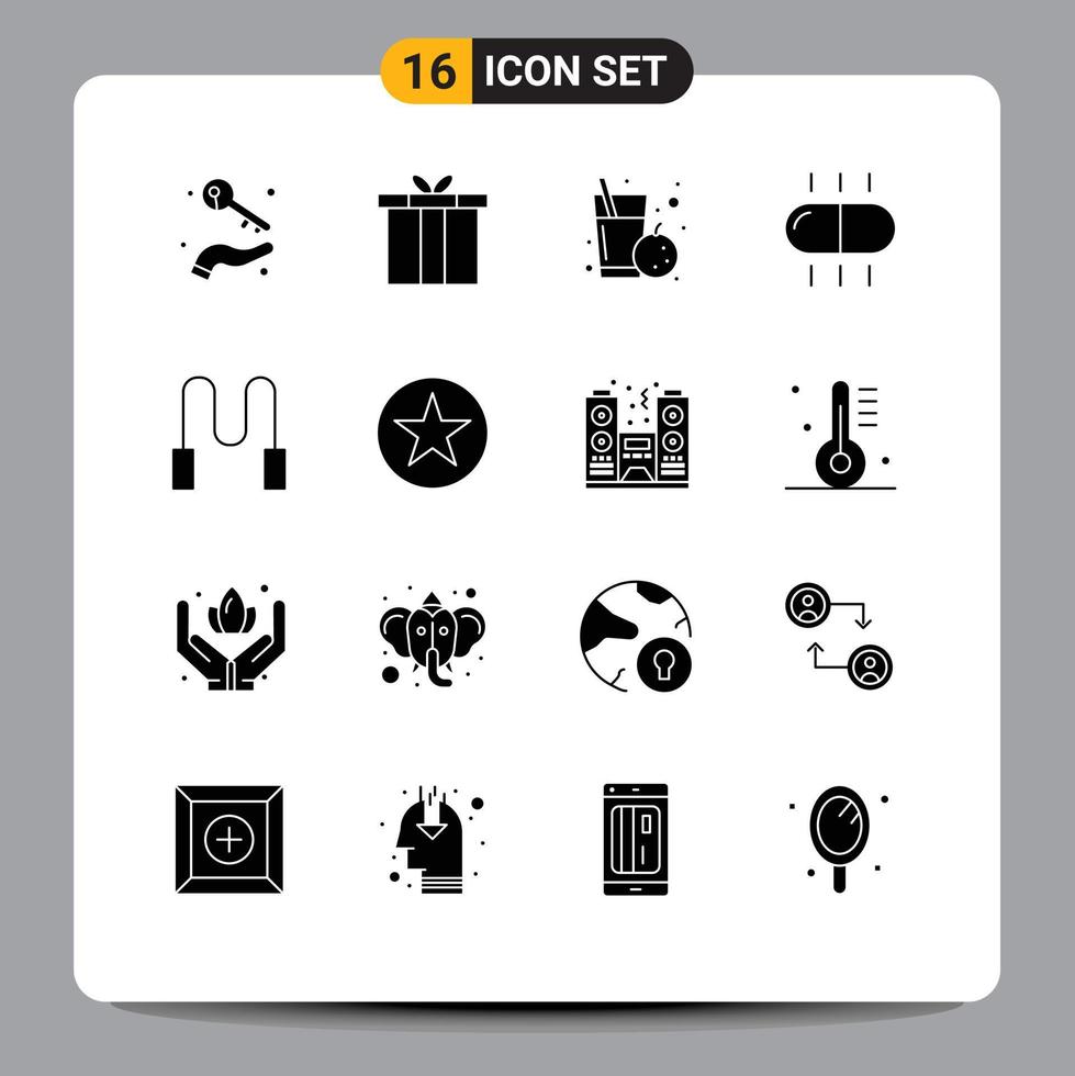 Editable Vector Line Pack of 16 Simple Solid Glyphs of skipping pills gift medical health Editable Vector Design Elements
