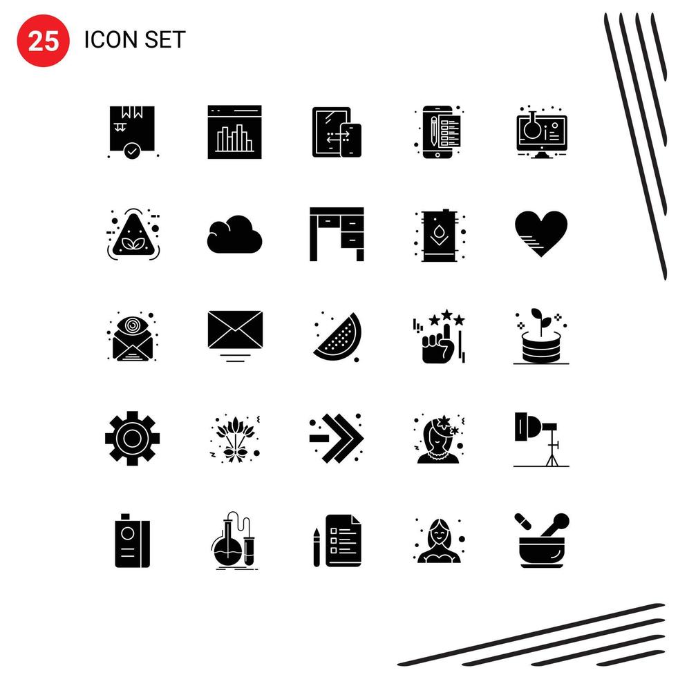 Set of 25 Vector Solid Glyphs on Grid for flask stamp mobile payment archive Editable Vector Design Elements