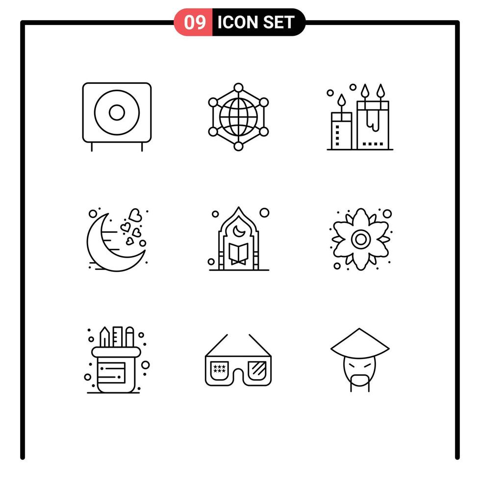 Pictogram Set of 9 Simple Outlines of moon date web spa cosmetics Editable Vector Design Elements