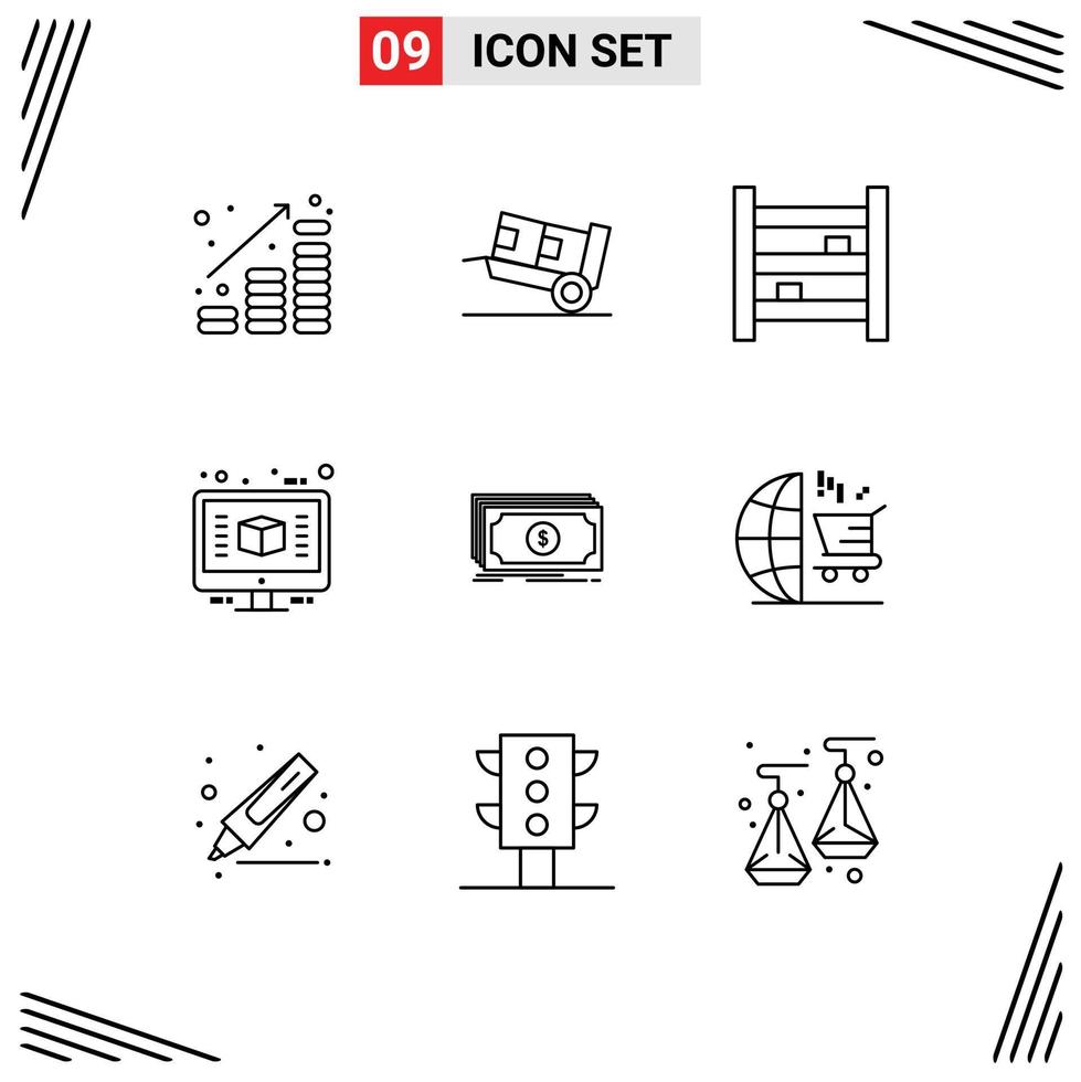 Outline Pack of 9 Universal Symbols of render computer shipping architecture interior Editable Vector Design Elements