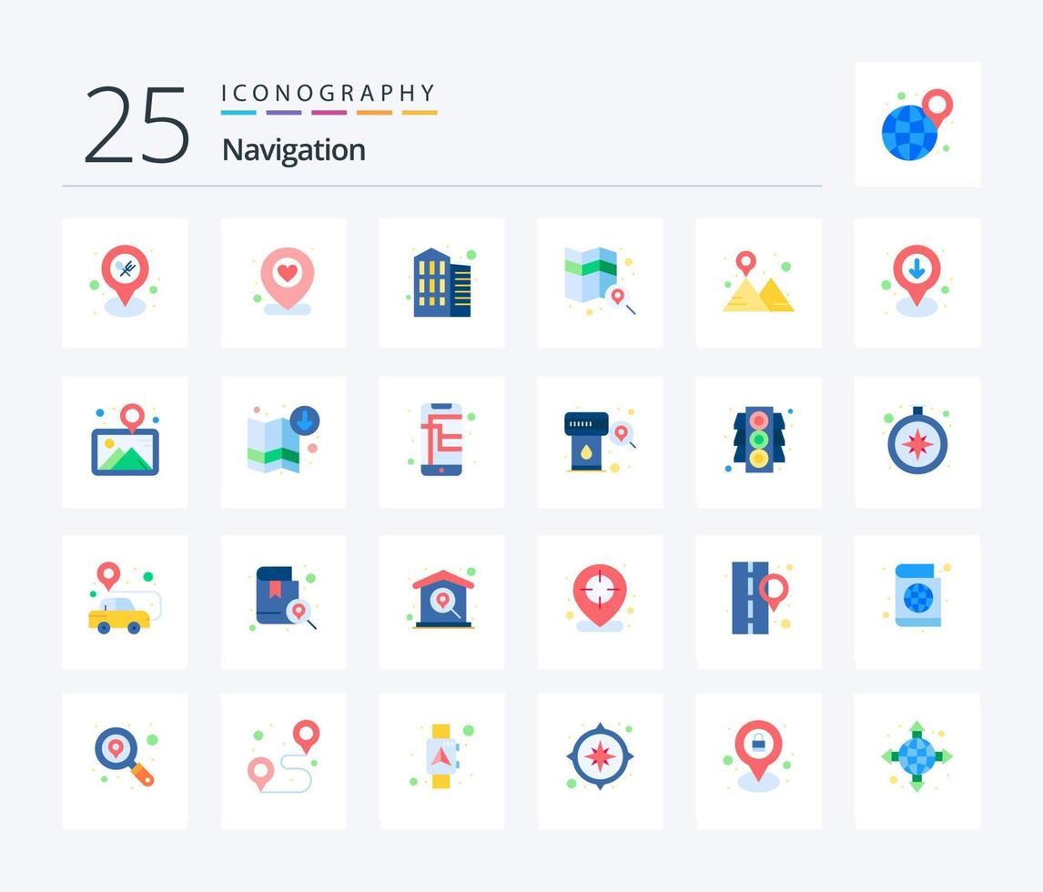 Navigation 25 Flat Color icon pack including mountain. location. building. camping. map vector