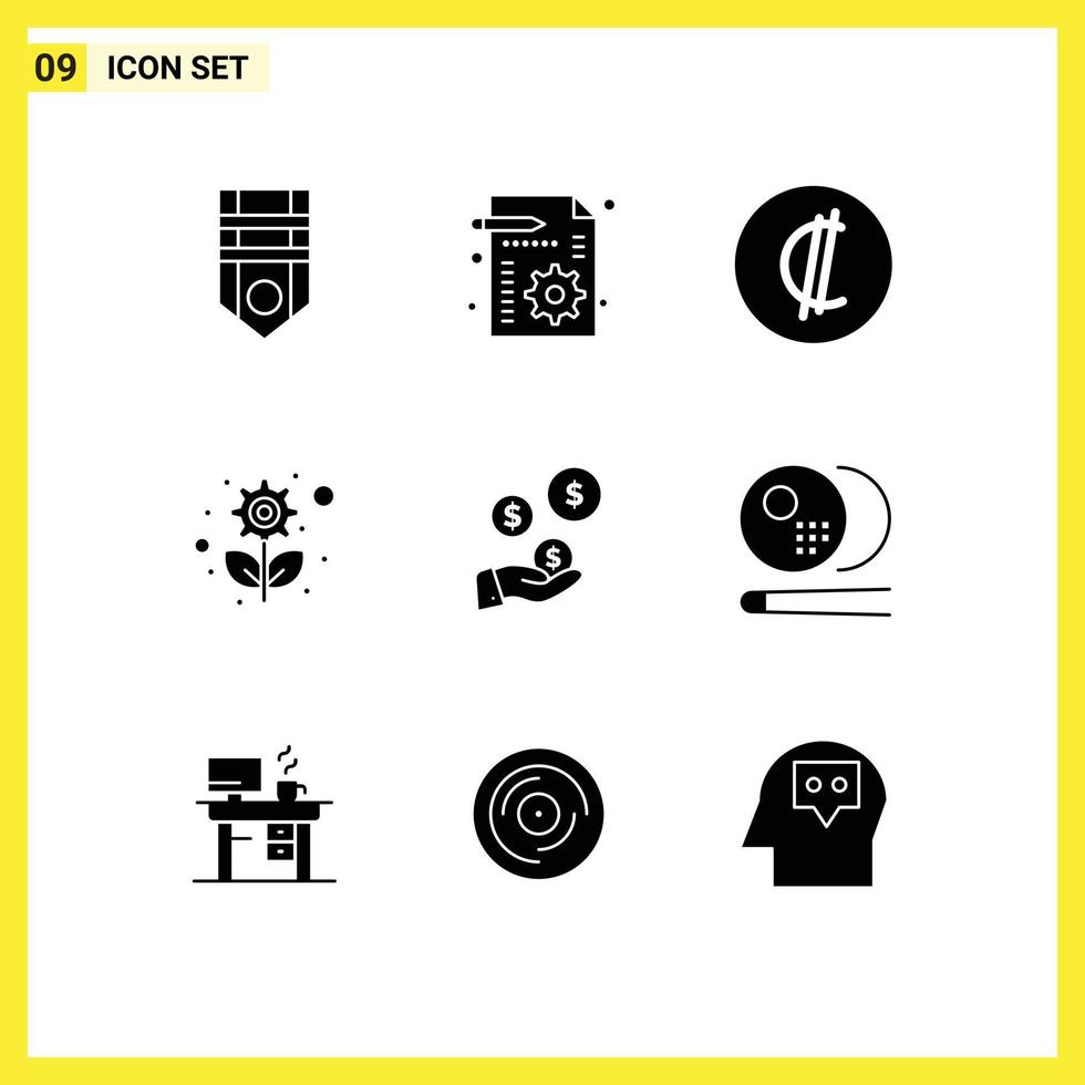 9 Universal Solid Glyphs Set for Web and Mobile Applications hand gear colon plant recycling Editable Vector Design Elements