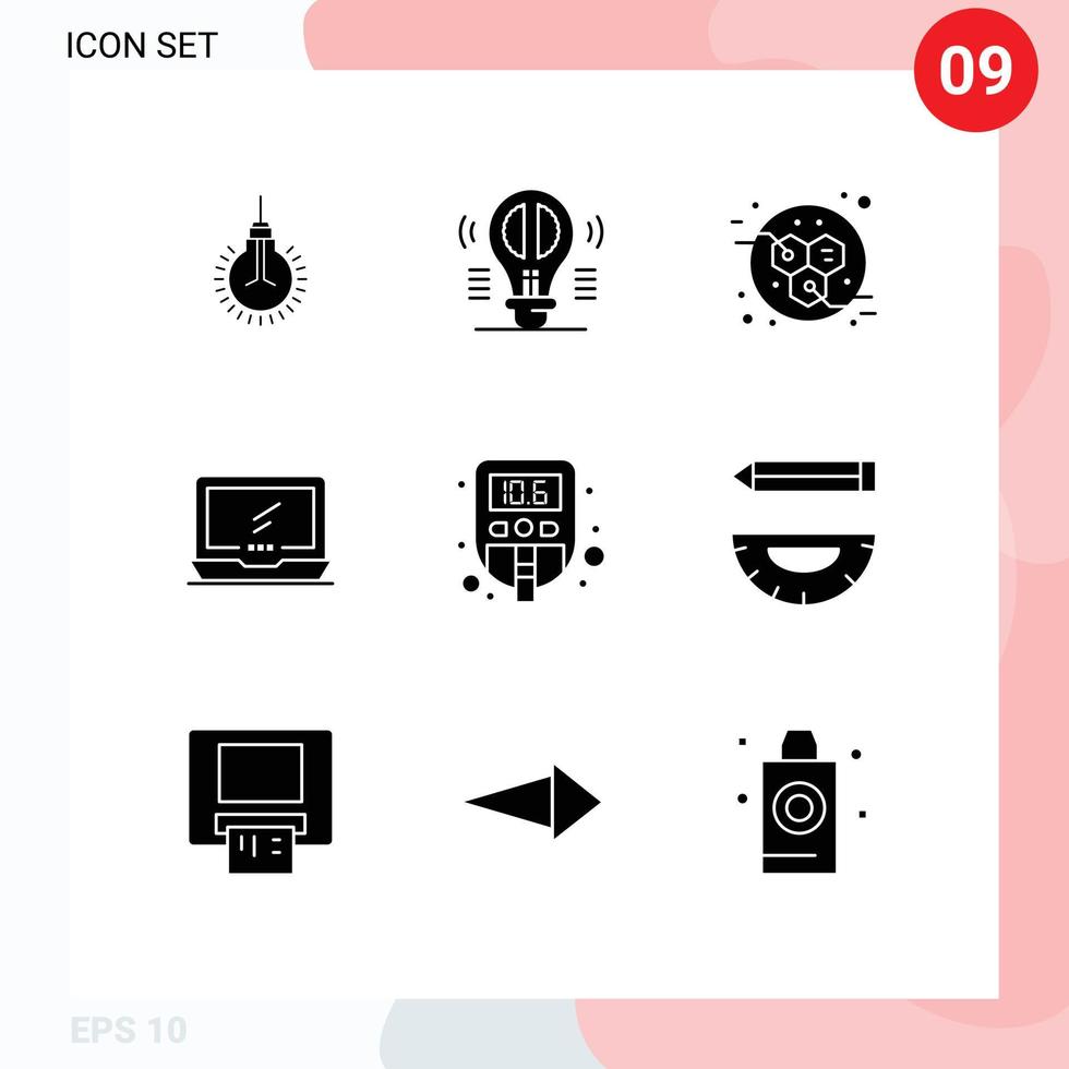 Set of 9 Vector Solid Glyphs on Grid for laptop device mind monitor power Editable Vector Design Elements