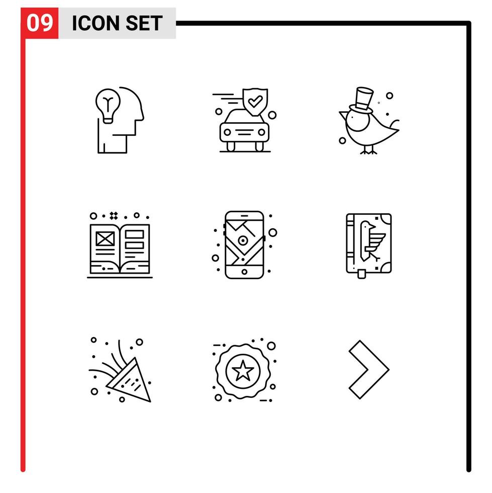 Modern Set of 9 Outlines Pictograph of gps schoolbook shield book sparrow Editable Vector Design Elements