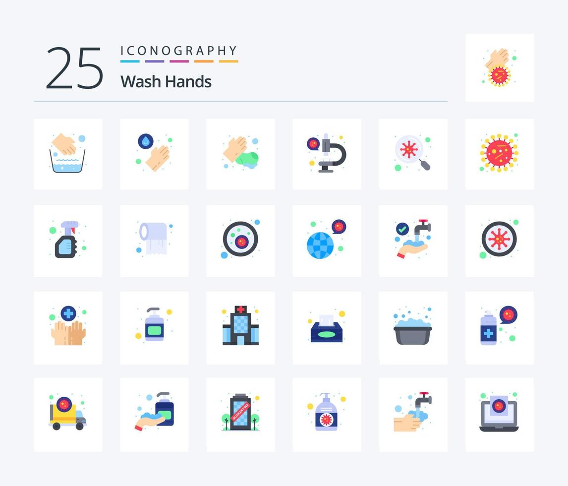 Wash Hands 25 Flat Color icon pack including virus. bacteria. hands. virus. laboratory vector