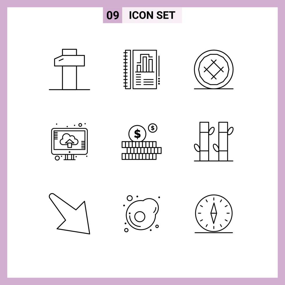 Set of 9 Commercial Outlines pack for investment upload cake storage cloud Editable Vector Design Elements