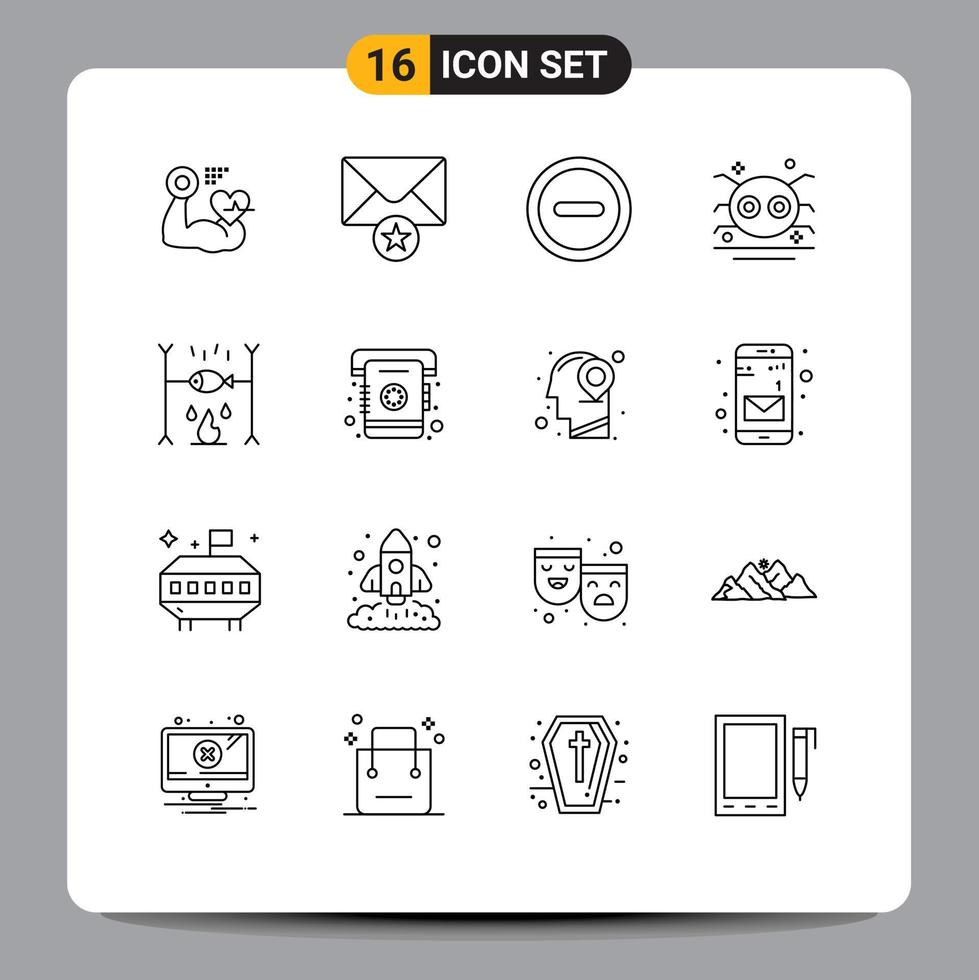 Pack of 16 Modern Outlines Signs and Symbols for Web Print Media such as summer dinner minus spooky scary Editable Vector Design Elements