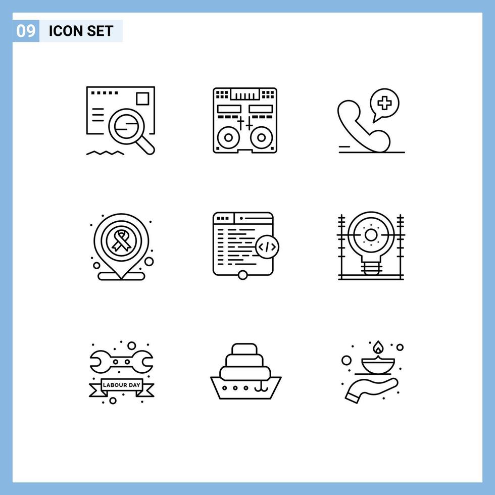 Universal Icon Symbols Group of 9 Modern Outlines of html medical music location hospital Editable Vector Design Elements