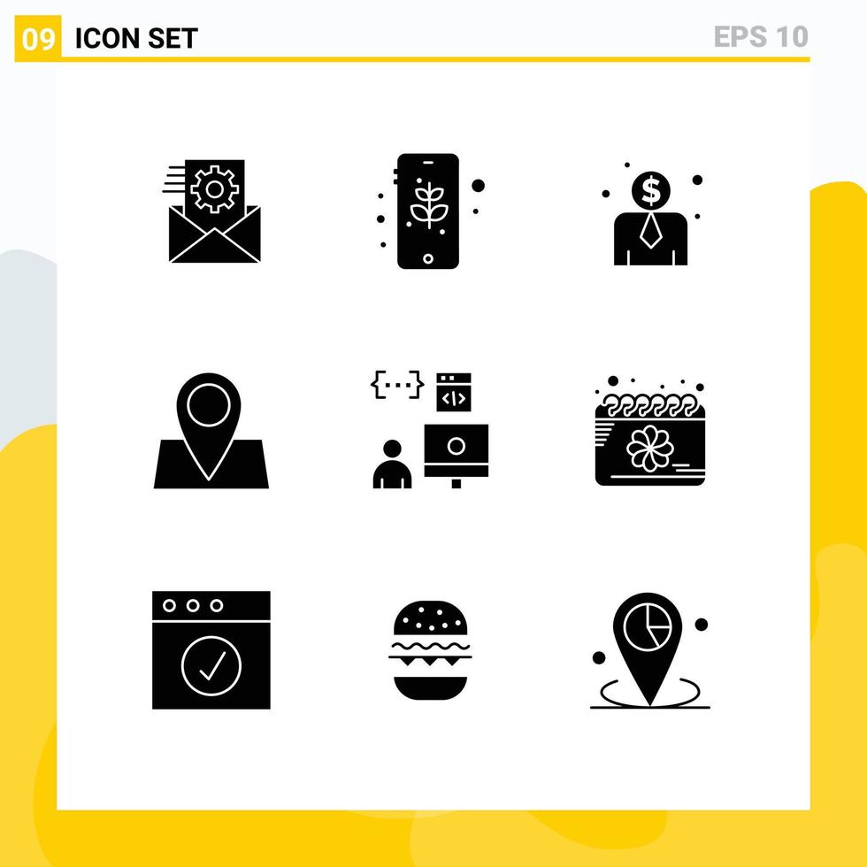 9 User Interface Solid Glyph Pack of modern Signs and Symbols of development coding employee cost app map Editable Vector Design Elements