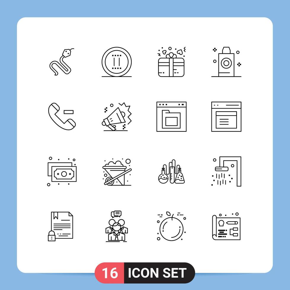 Mobile Interface Outline Set of 16 Pictograms of contact wash gift room shampoo Editable Vector Design Elements