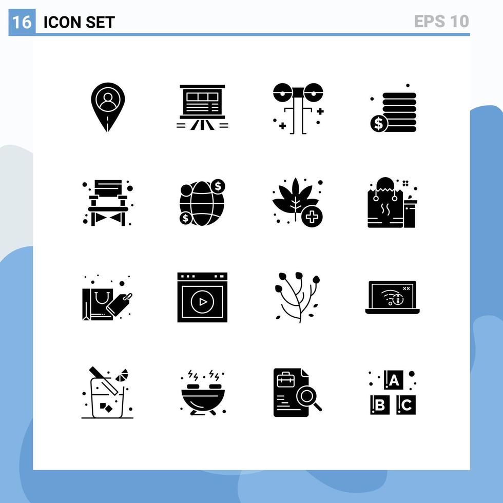 Set of 16 Commercial Solid Glyphs pack for camping money big coins scary Editable Vector Design Elements
