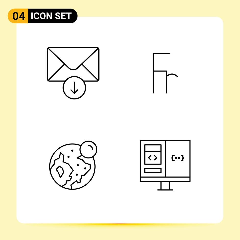 Mobile Interface Line Set of 4 Pictograms of mail world franc foreign app Editable Vector Design Elements