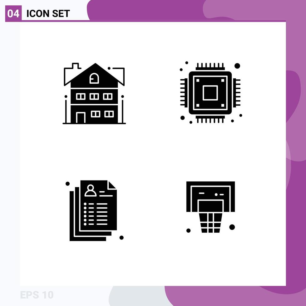 Set of 4 Vector Solid Glyphs on Grid for house medical home microchip basket Editable Vector Design Elements