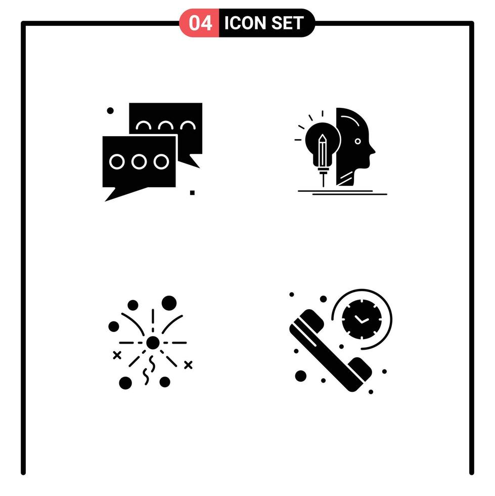 User Interface Pack of 4 Basic Solid Glyphs of bubble fireworks message mind celebration Editable Vector Design Elements