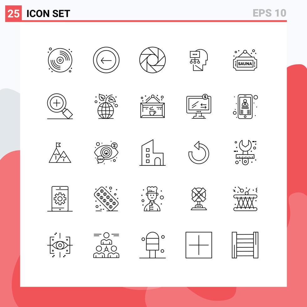 Set of 25 Modern UI Icons Symbols Signs for sign fitness camera head theory Editable Vector Design Elements