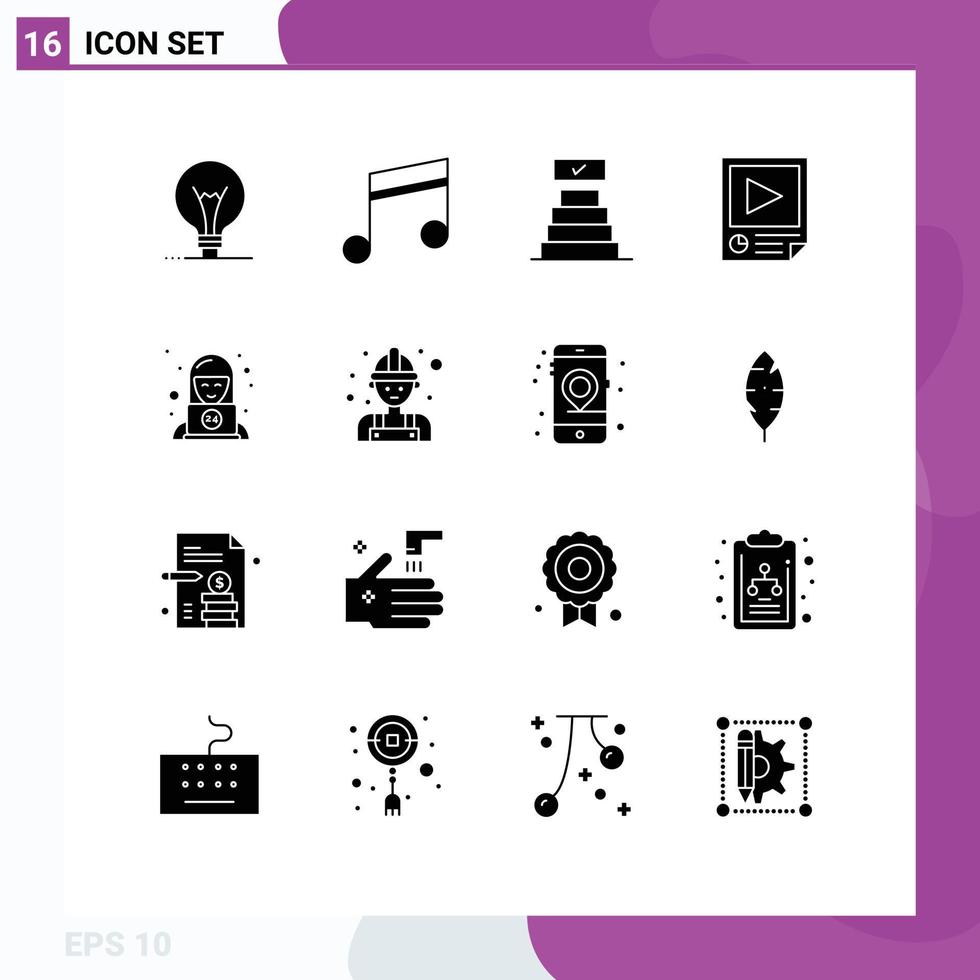 Set of 16 Commercial Solid Glyphs pack for support report success playback page Editable Vector Design Elements