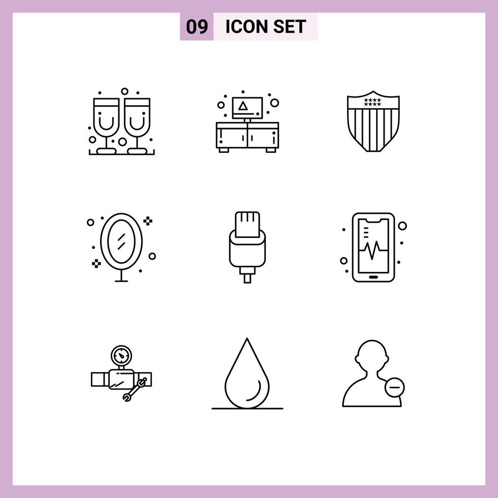 Pack of 9 creative Outlines of charge reflection shield office image Editable Vector Design Elements