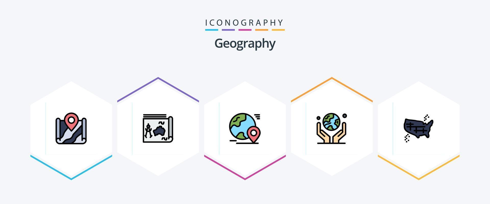 Geo Graphy 25 FilledLine icon pack including human hand. environment. book. tour. pin vector