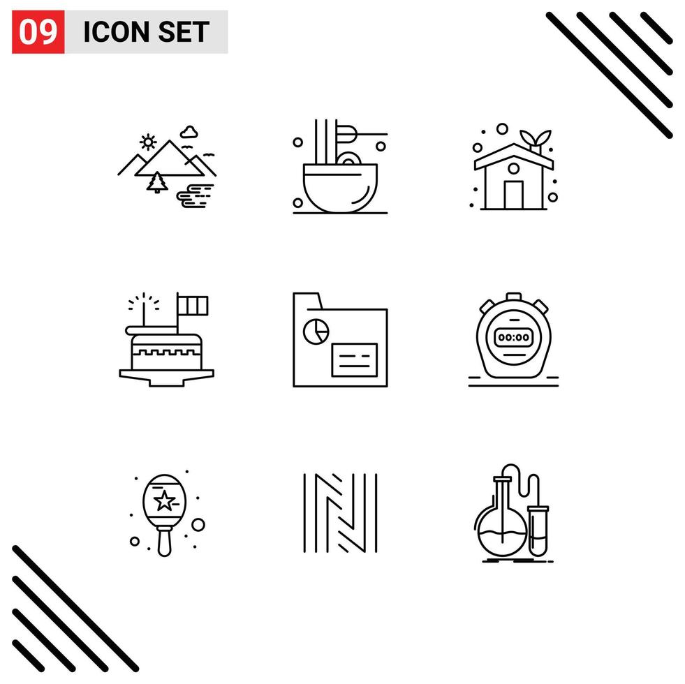 Editable Vector Line Pack of 9 Simple Outlines of festival celebrate meal cake ecology house Editable Vector Design Elements