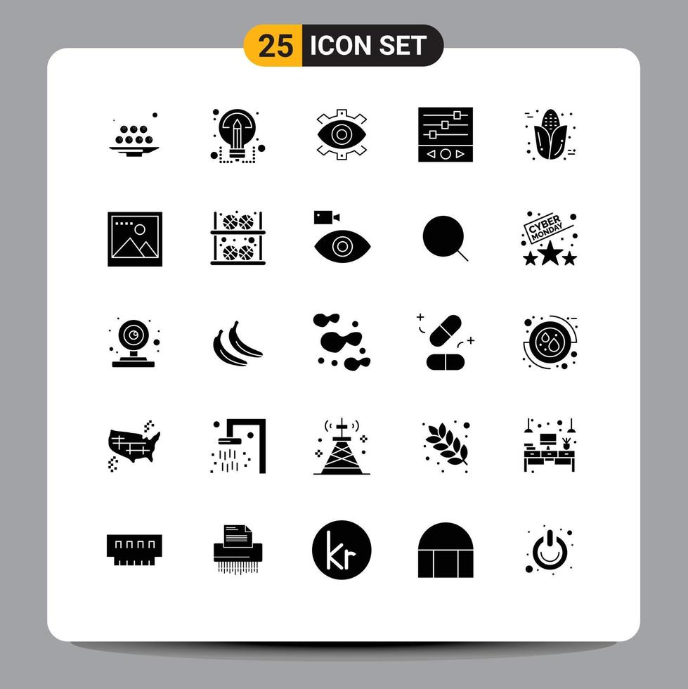 25 signos de glifos sólidos universales símbolos de producción de niveles de música que comparten elementos de diseño de vectores editables de negocios modernos