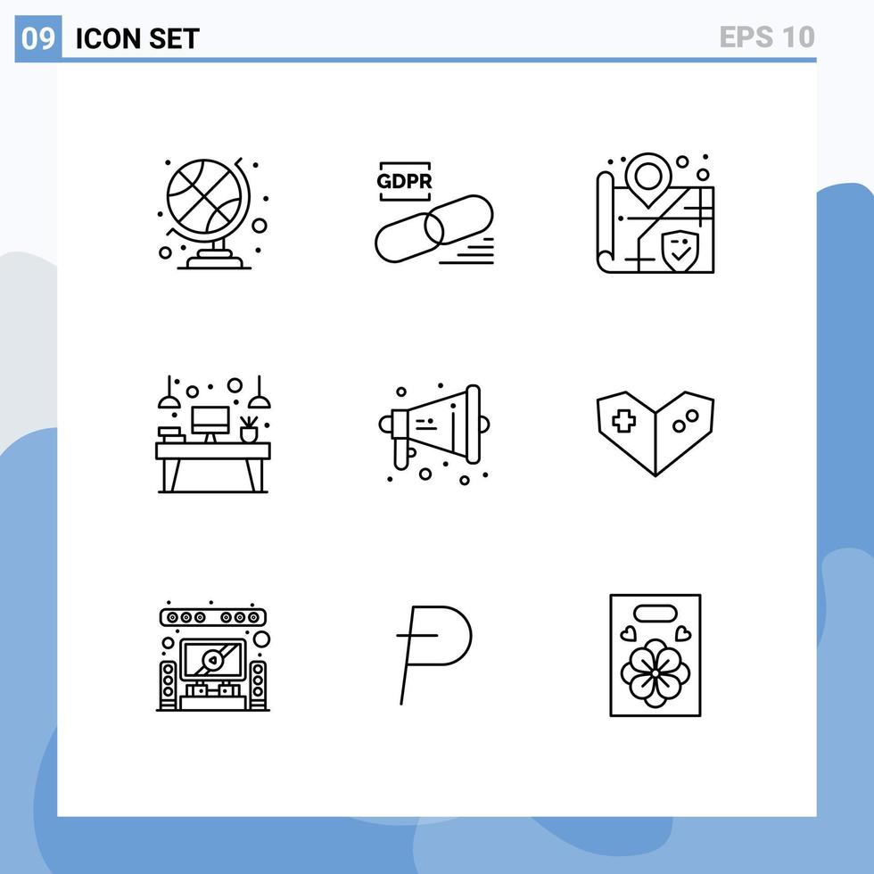 User Interface Pack of 9 Basic Outlines of megaphone monitor location device interior Editable Vector Design Elements