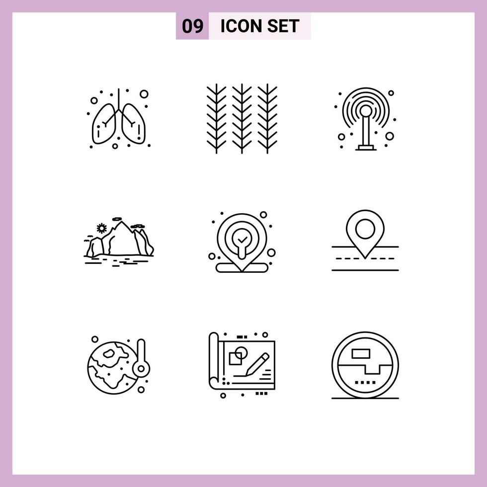 conjunto de 9 iconos de interfaz de usuario modernos símbolos signos para ubicación escena módem montaña colina elementos de diseño vectorial editables vector