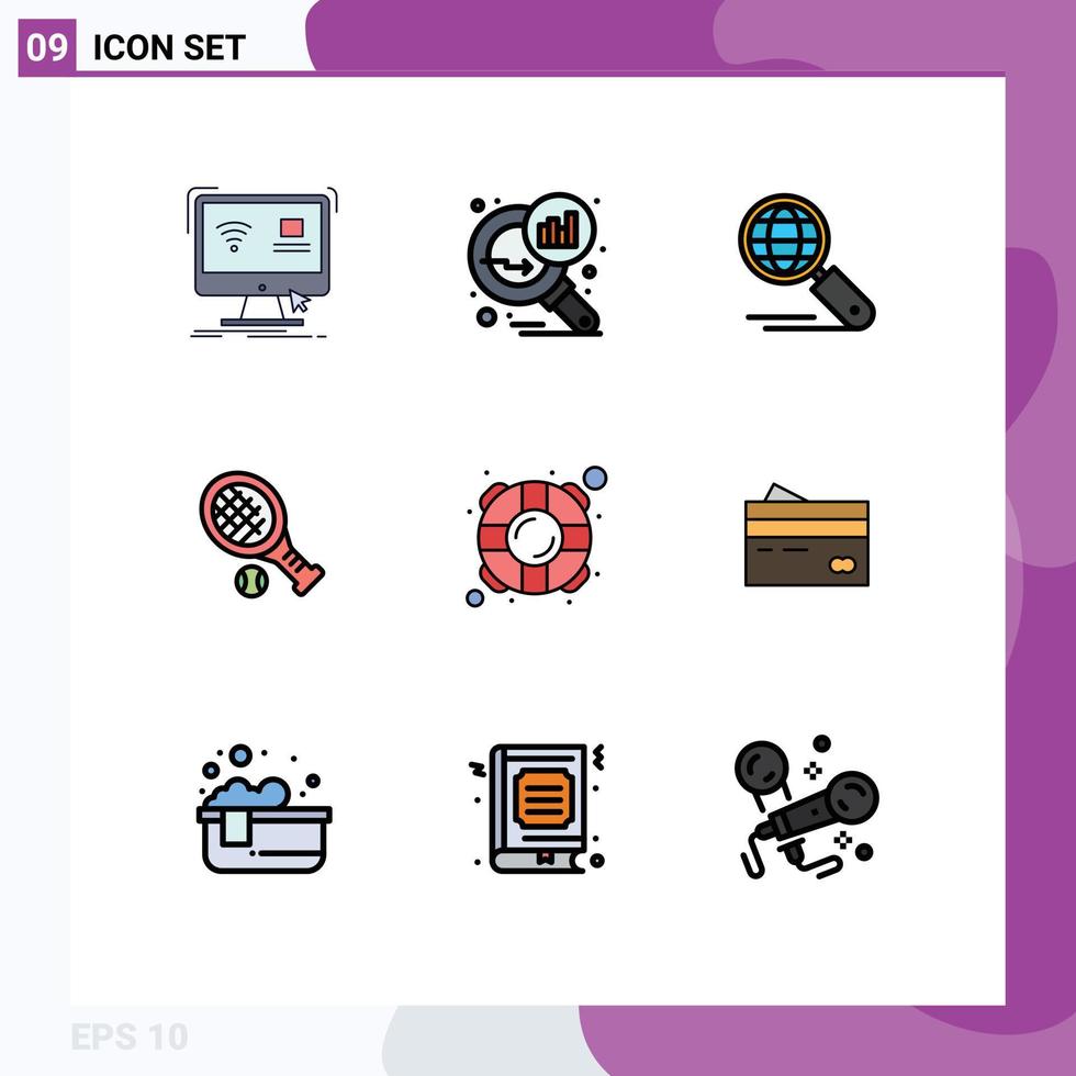 9 Thematic Vector Filledline Flat Colors and Editable Symbols of help tennis search stats racket seo Editable Vector Design Elements