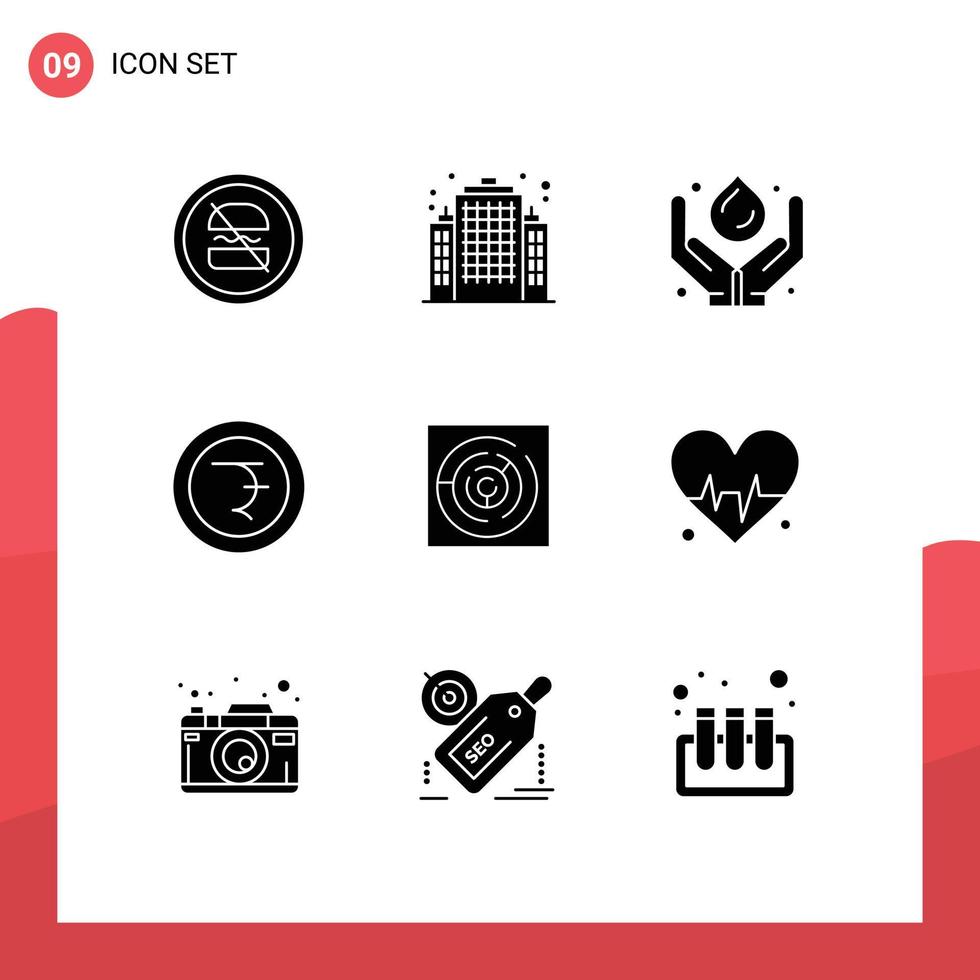 Mobile Interface Solid Glyph Set of 9 Pictograms of circle maze rupee care finance renewable Editable Vector Design Elements