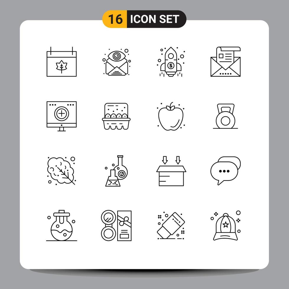 Set of 16 Vector Outlines on Grid for letter email view communication rocket Editable Vector Design Elements