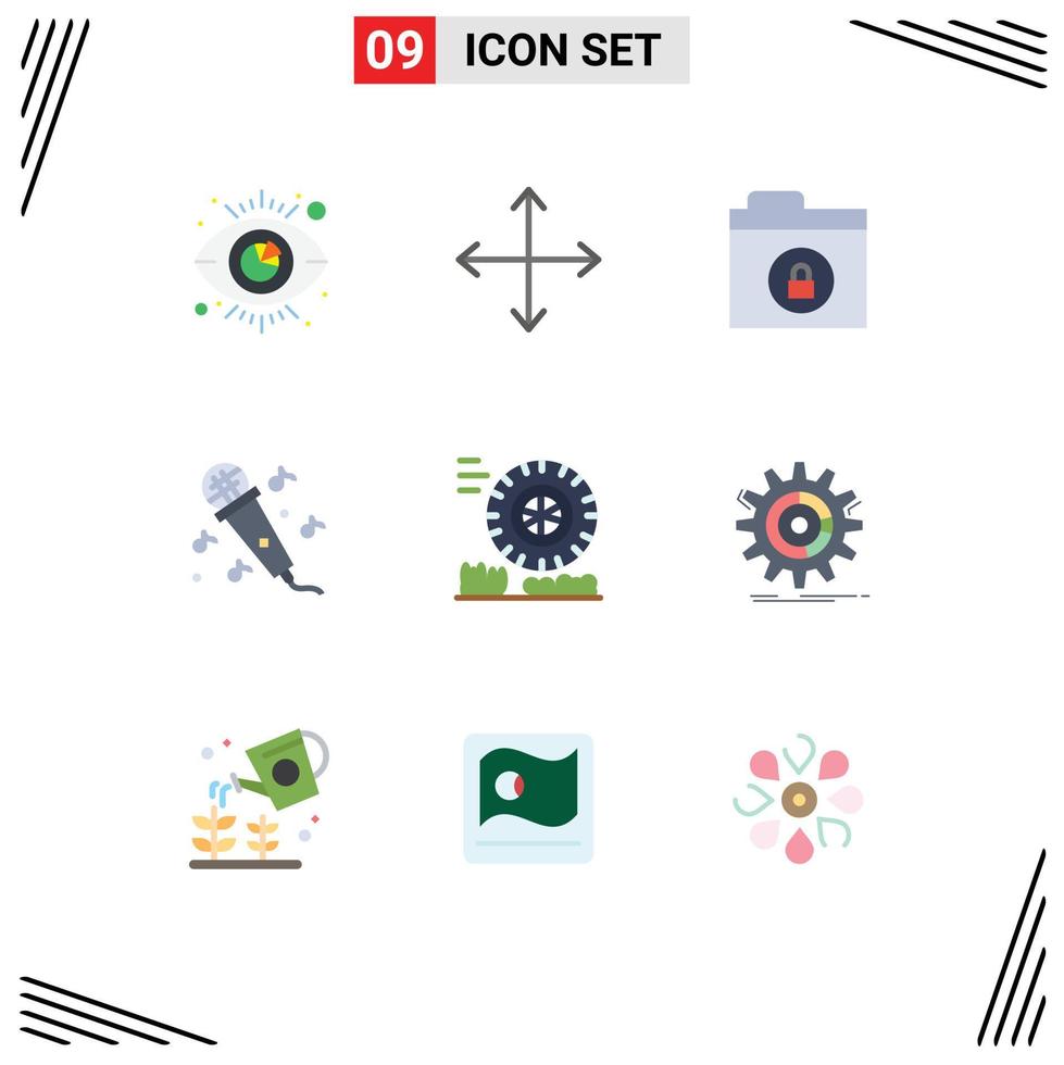 User Interface Pack of 9 Basic Flat Colors of setting motion encryption friction microphone Editable Vector Design Elements