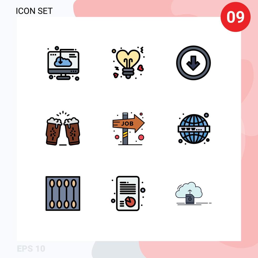 paquete de 9 signos y símbolos modernos de colores planos de línea rellena para medios de impresión web, como bebidas de vidrio, cerveza de San Valentín, interfaz de usuario, elementos de diseño de vectores editables