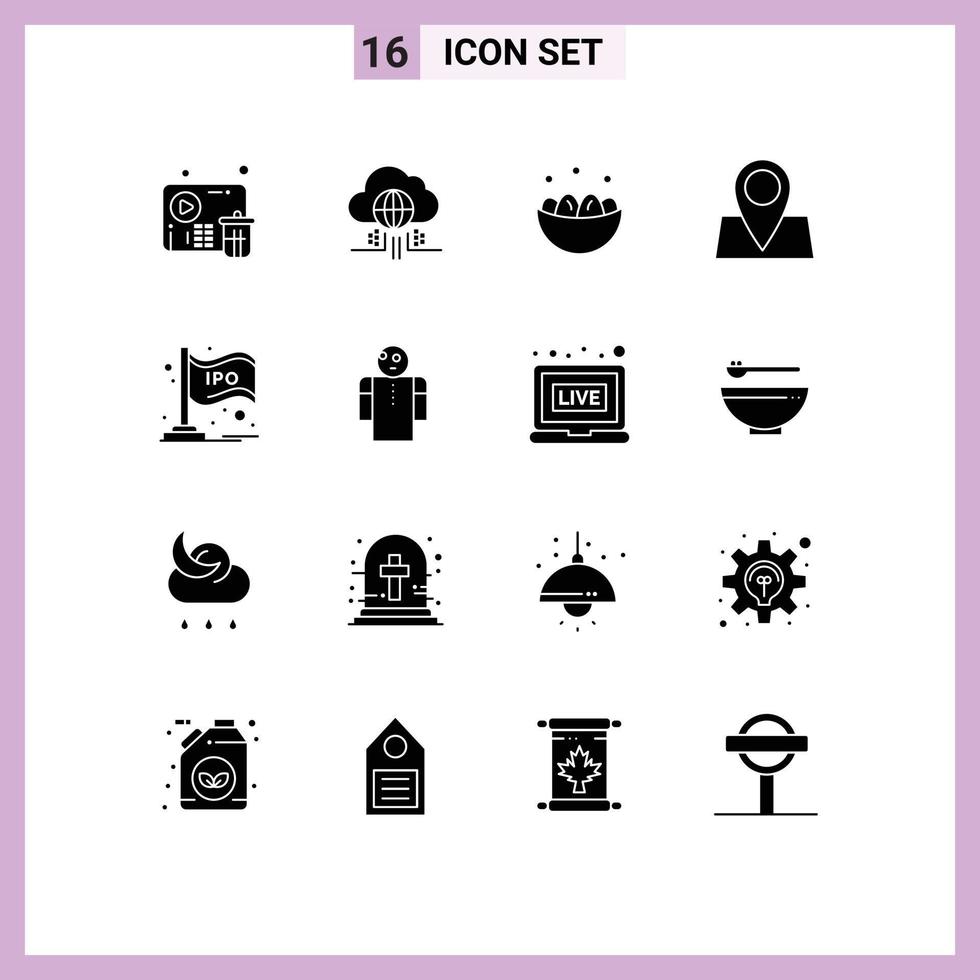Pack of 16 creative Solid Glyphs of ipo map bowl location nest Editable Vector Design Elements