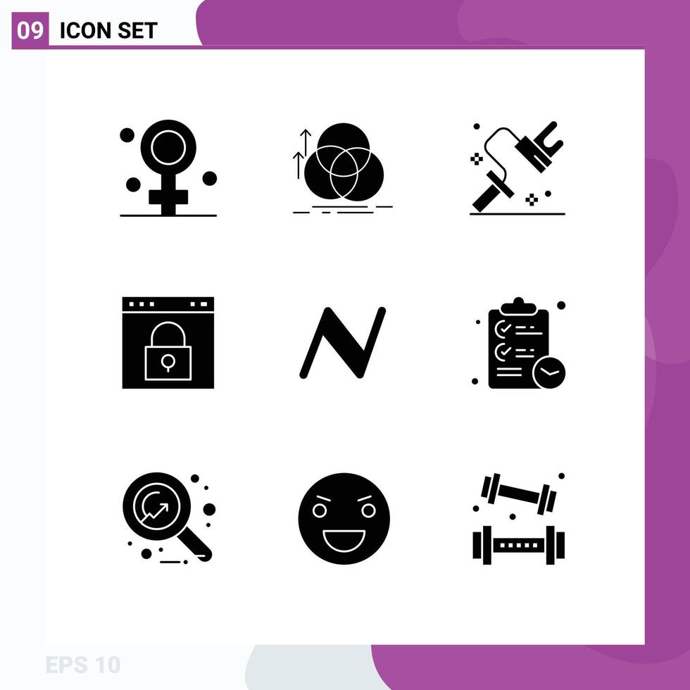 Mobile Interface Solid Glyph Set of 9 Pictograms of password lock geometry interface tool Editable Vector Design Elements