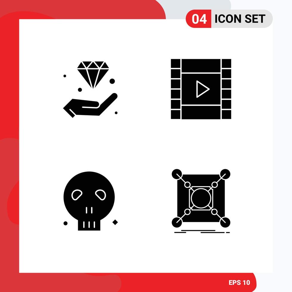 Group of 4 Modern Solid Glyphs Set for diamond head insurance media skull Editable Vector Design Elements