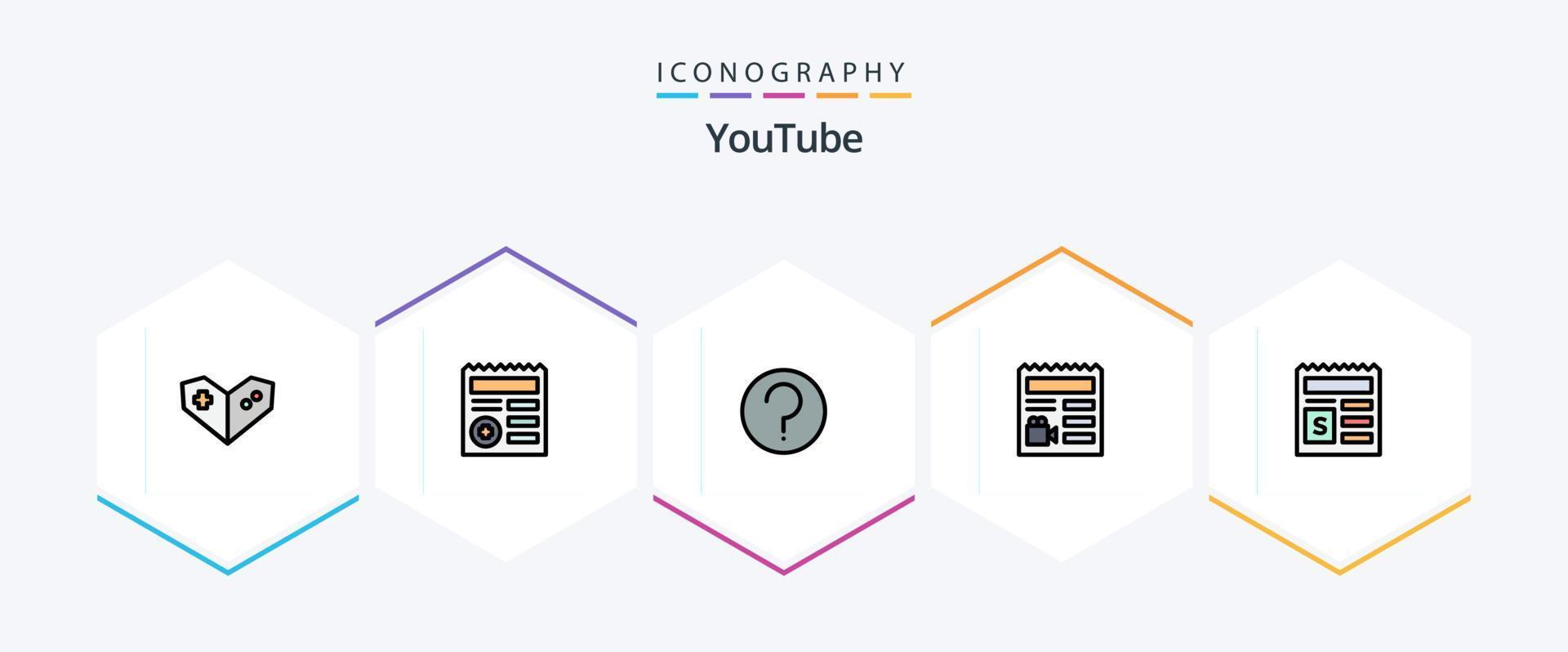 paquete de iconos de 25 líneas completas de youtube que incluye el documento. básico. ayudar. cámara. básico vector