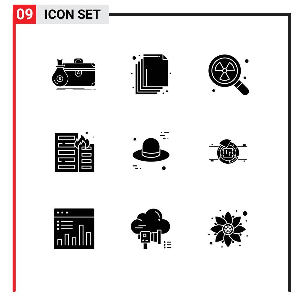 Group of 9 Solid Glyphs Signs and Symbols for hat house nuclear flame burning Editable Vector Design Elements