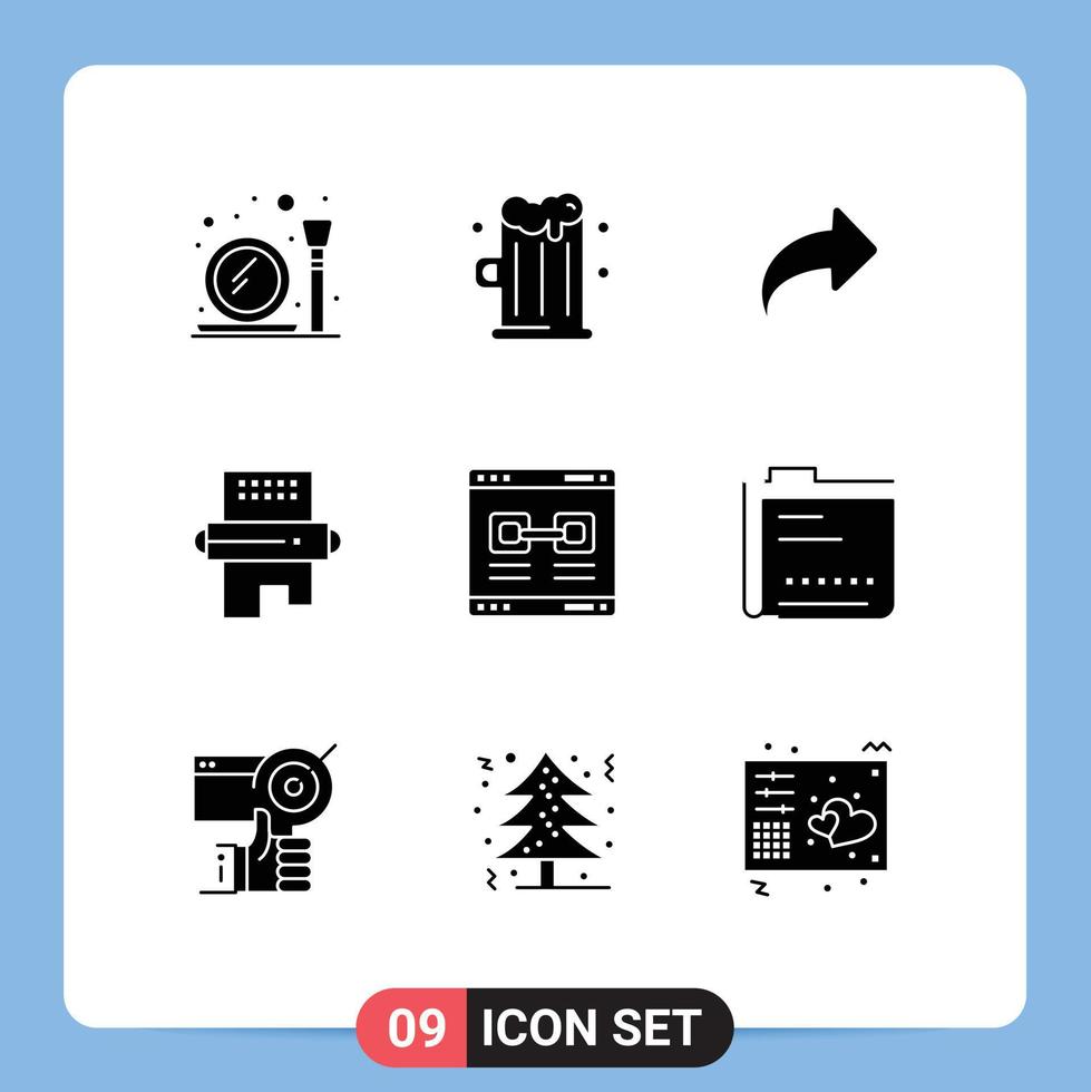Set of 9 Vector Solid Glyphs on Grid for link pin direction meal drinks Editable Vector Design Elements