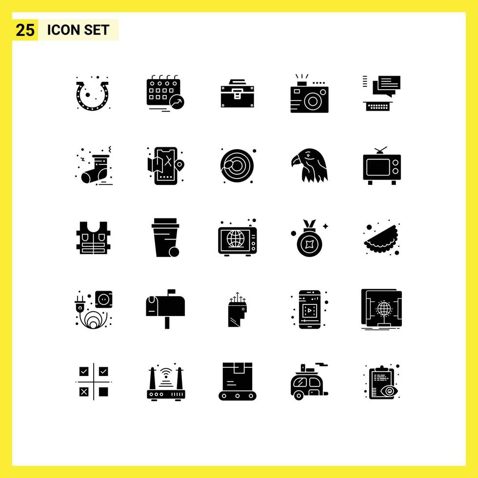 Set of 25 Commercial Solid Glyphs pack for photo camera schedule toolkit construction Editable Vector Design Elements