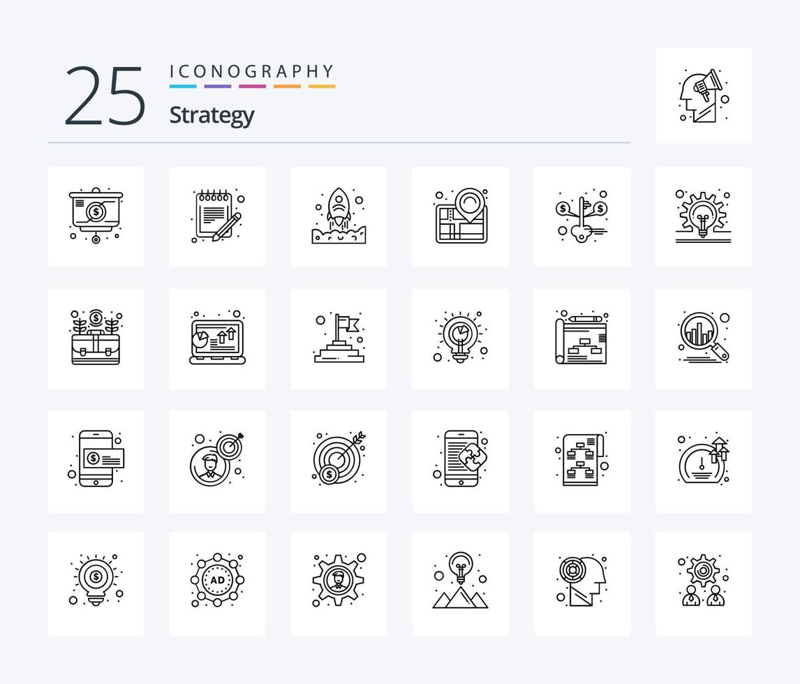 Strategy 25 Line icon pack including key. pin. sheet. navigation. up vector