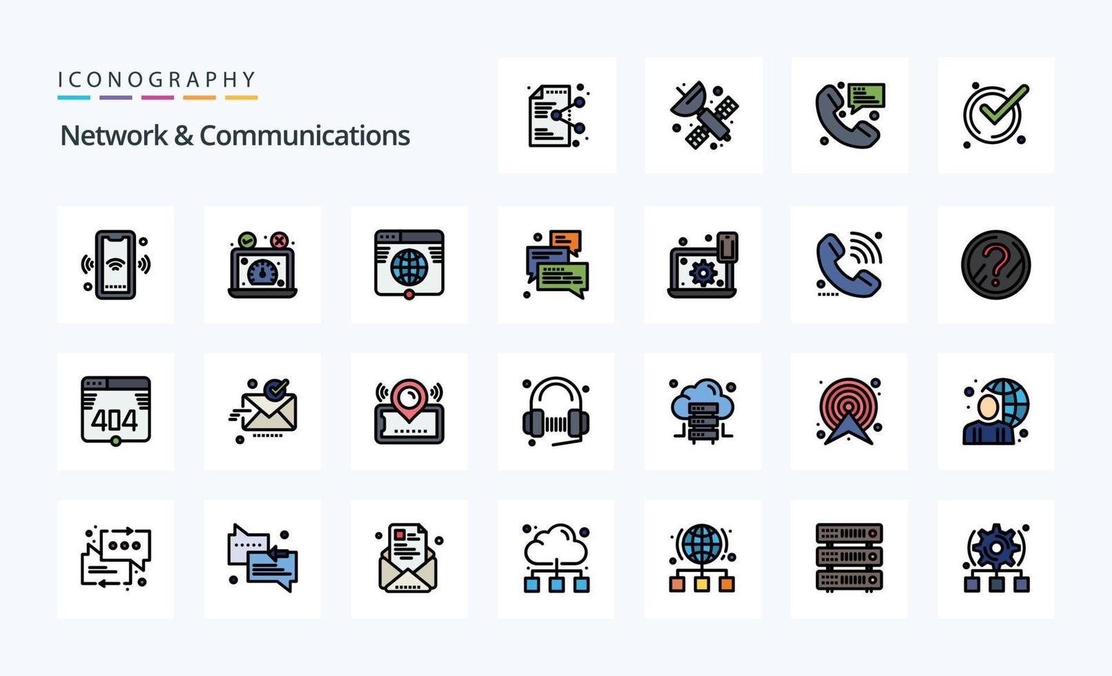 paquete de iconos de estilo lleno de línea de 25 redes y comunicaciones vector