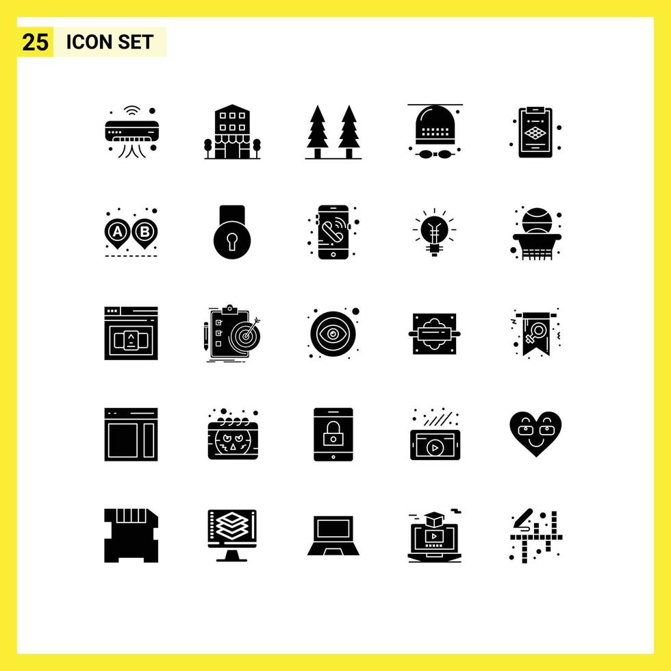 25 Universal Solid Glyphs Set for Web and Mobile Applications glasses athletics shop front activities park Editable Vector Design Elements