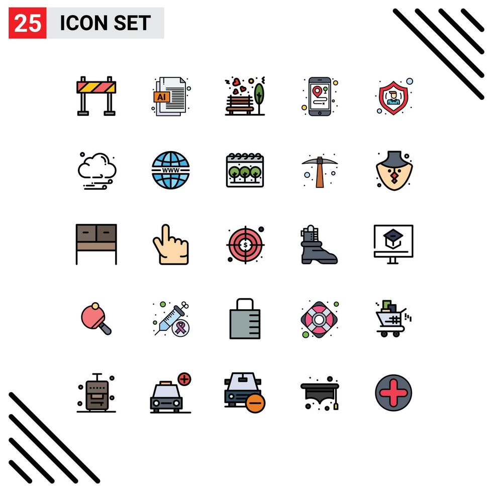 Pack of 25 Modern Filled line Flat Colors Signs and Symbols for Web Print Media such as user people outdoor action maps Editable Vector Design Elements