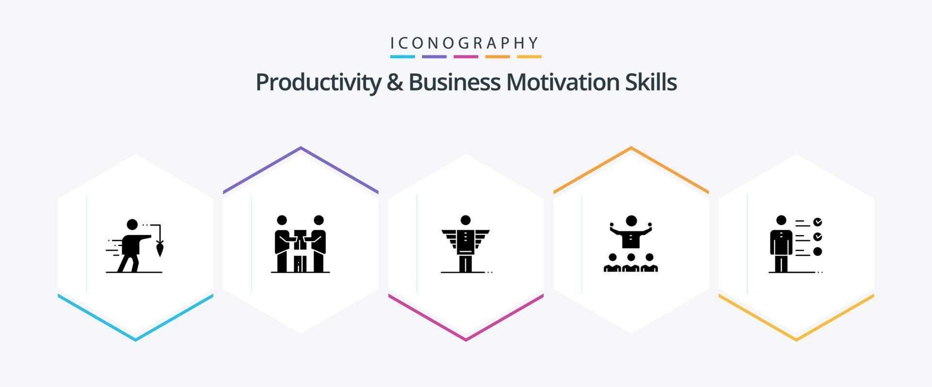 Productivity And Business Motivation Skills 25 Glyph icon pack including mentor. encourage. partnership. investor. career vector